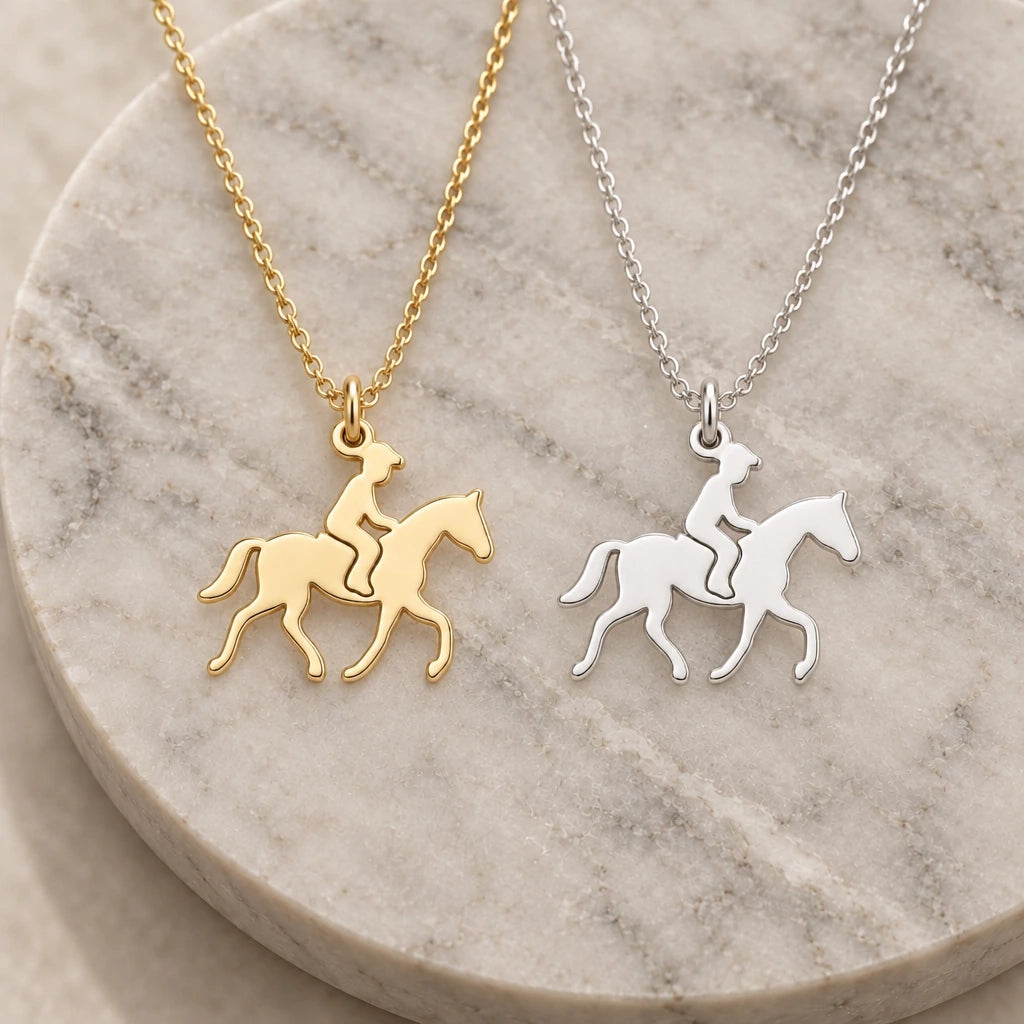 Horse Rider pendant necklace in silver and gold finishes side by side