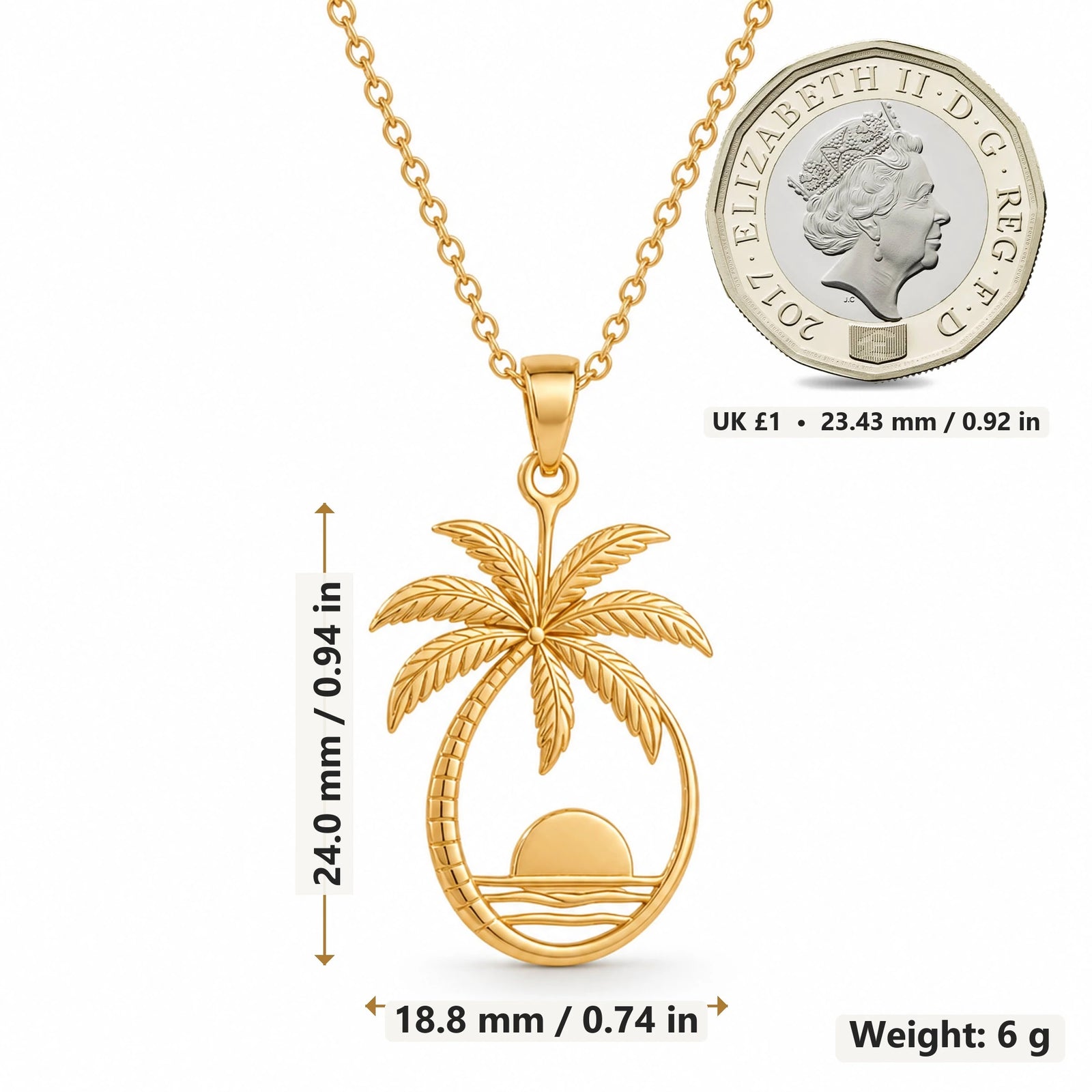 Palm Sunset pendant necklace size image showing 24.0 mm height, 18.8 mm width and 6 g weight