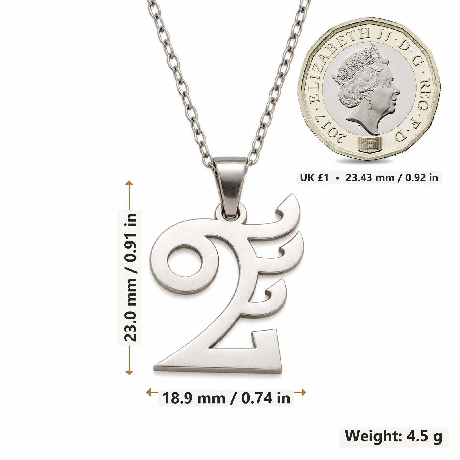 Quetzalcoatl Symbol pendant necklace size image showing 23.0 mm height, 18.9 mm width and 4.5 g weight