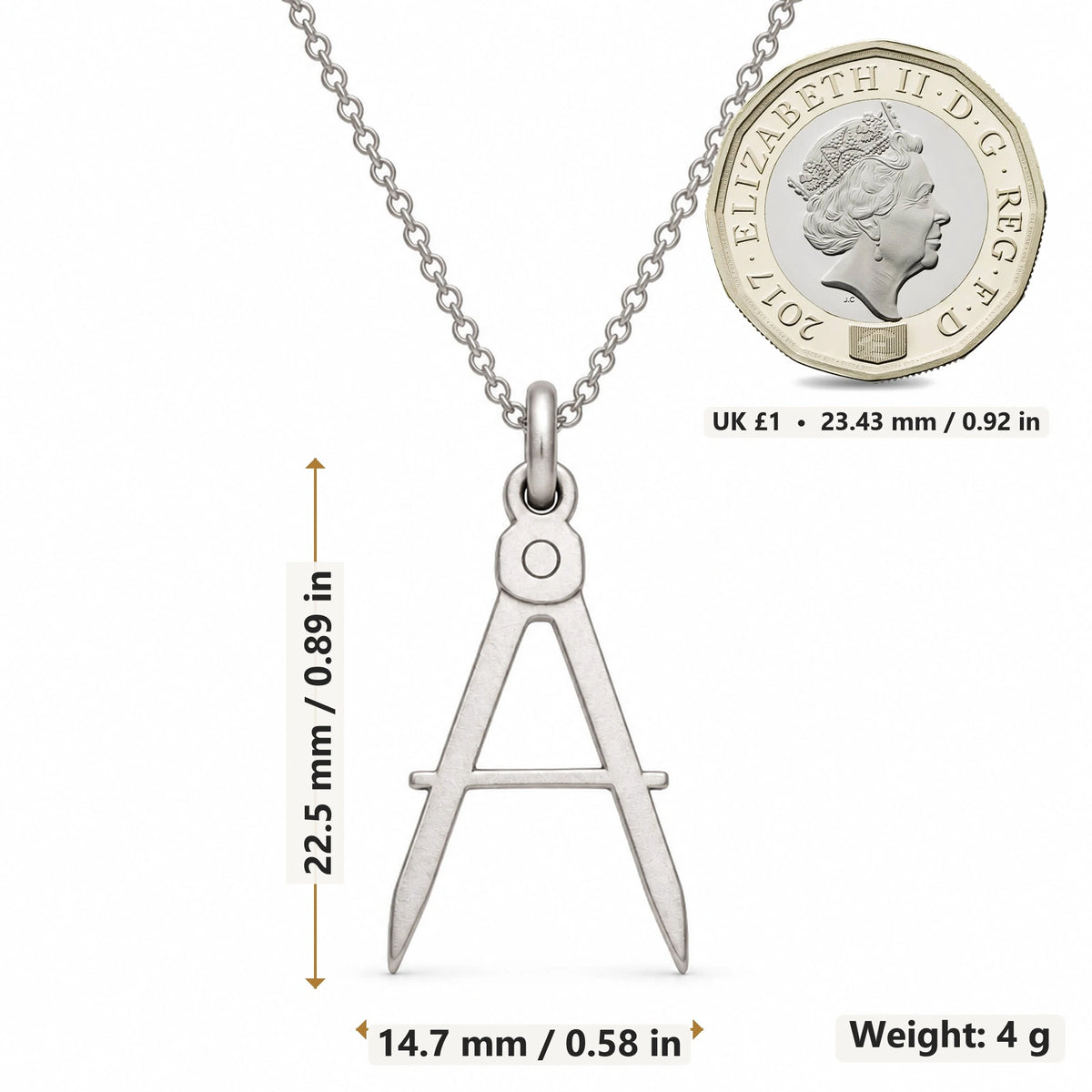 Architect Compass Brushed pendant necklace size image showing 22.5 mm height, 14.7 mm width and 4 g weight