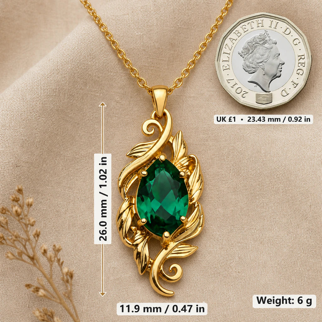 Feathered Leaf Marquise Birthstone Pendant Necklace size guide, 26 by 11.9 mm