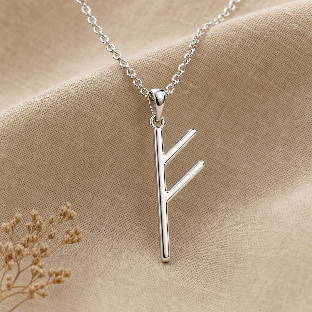 Viking Wealth Fehu Rune Pendant Necklace in sterling silver, second view