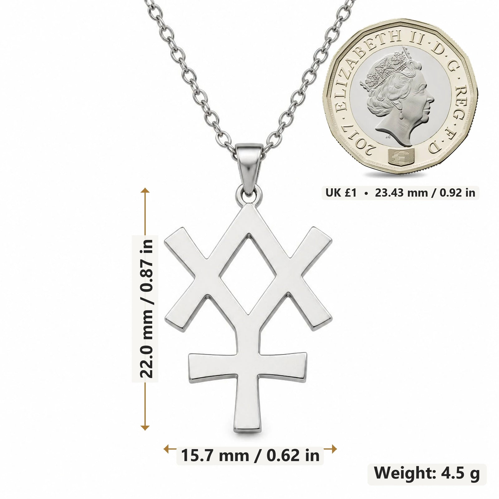 Minerva Asteroid Symbol pendant necklace size image showing 22.0 mm height, 15.7 mm width and 4.5 g weight