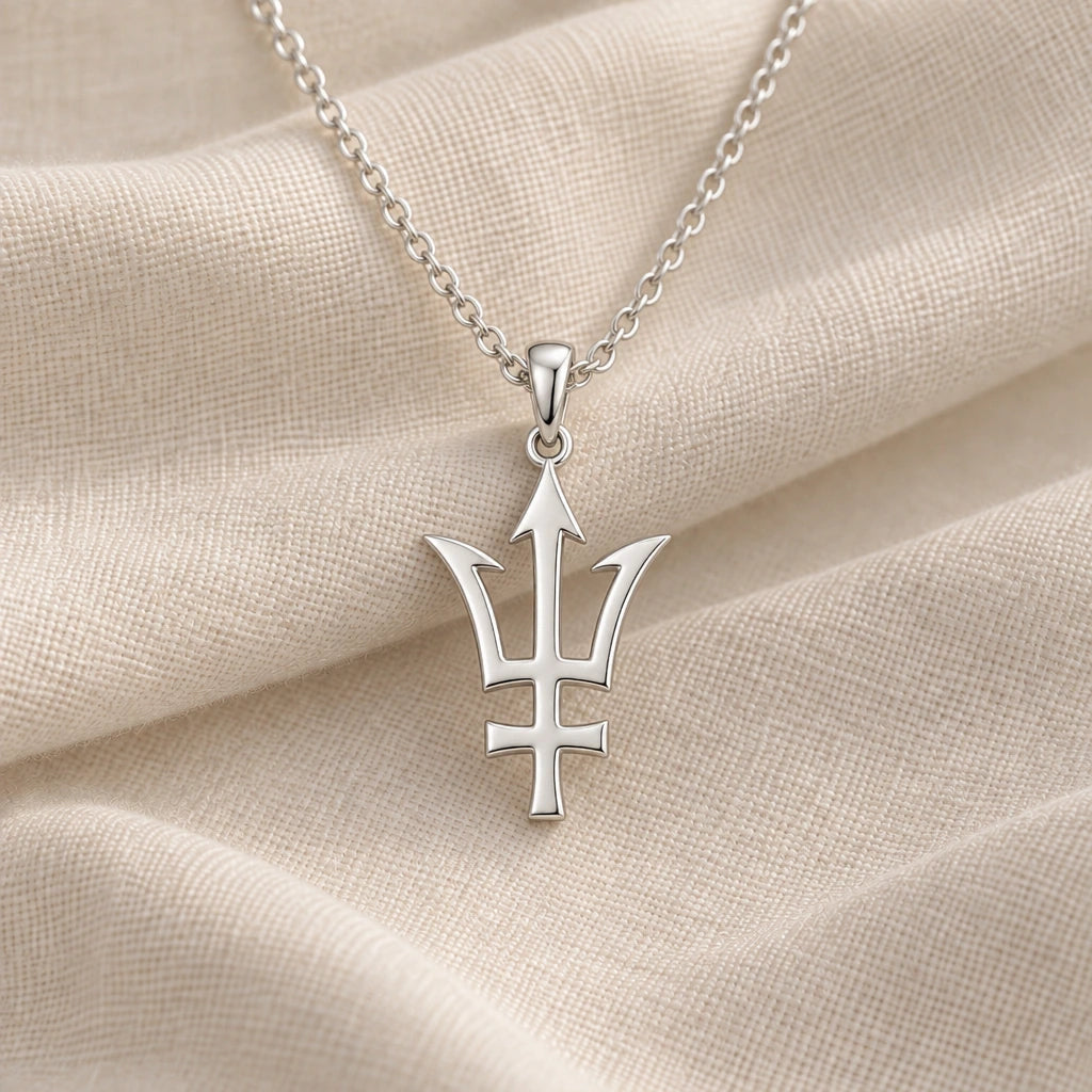925 sterling silver neptune trident symbol pendant necklace on cream fabric