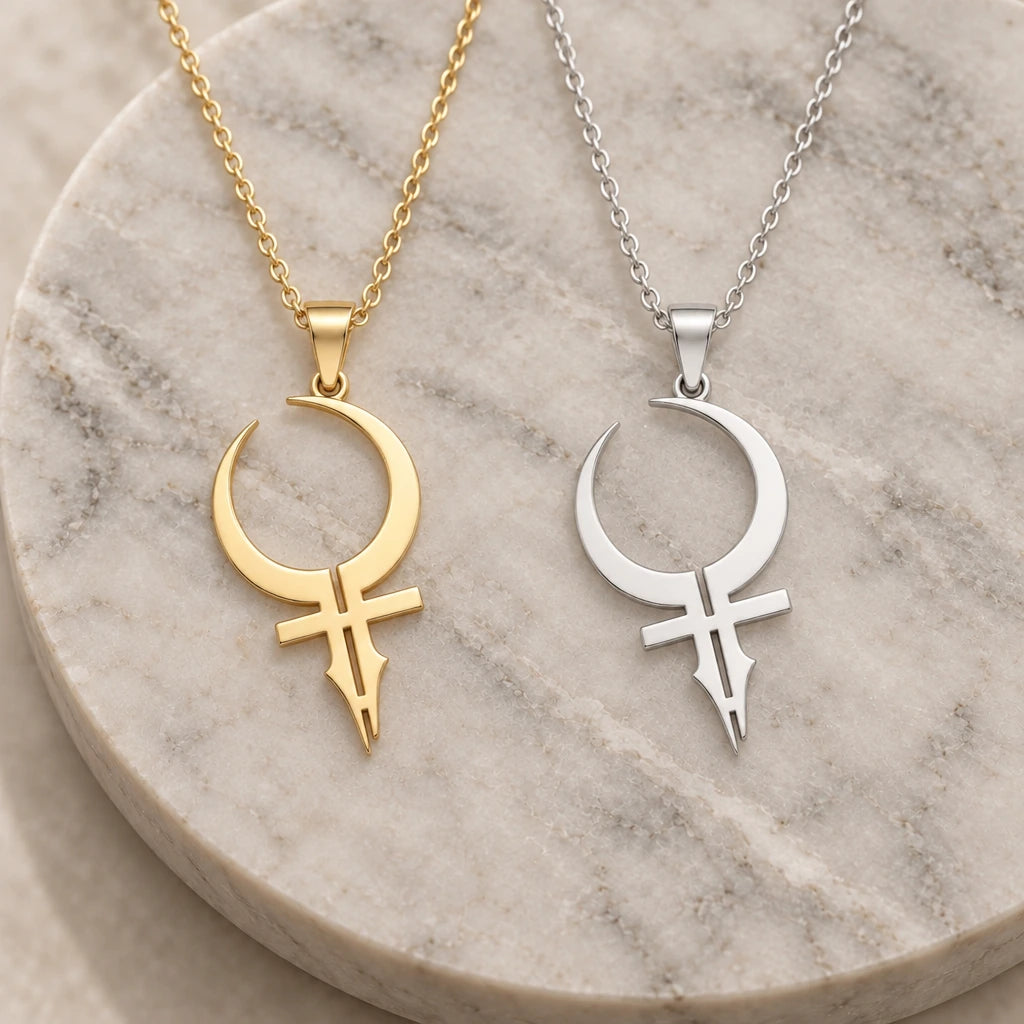 Feminine Energy Crescent Symbol pendant necklace in silver and gold finishes side by side