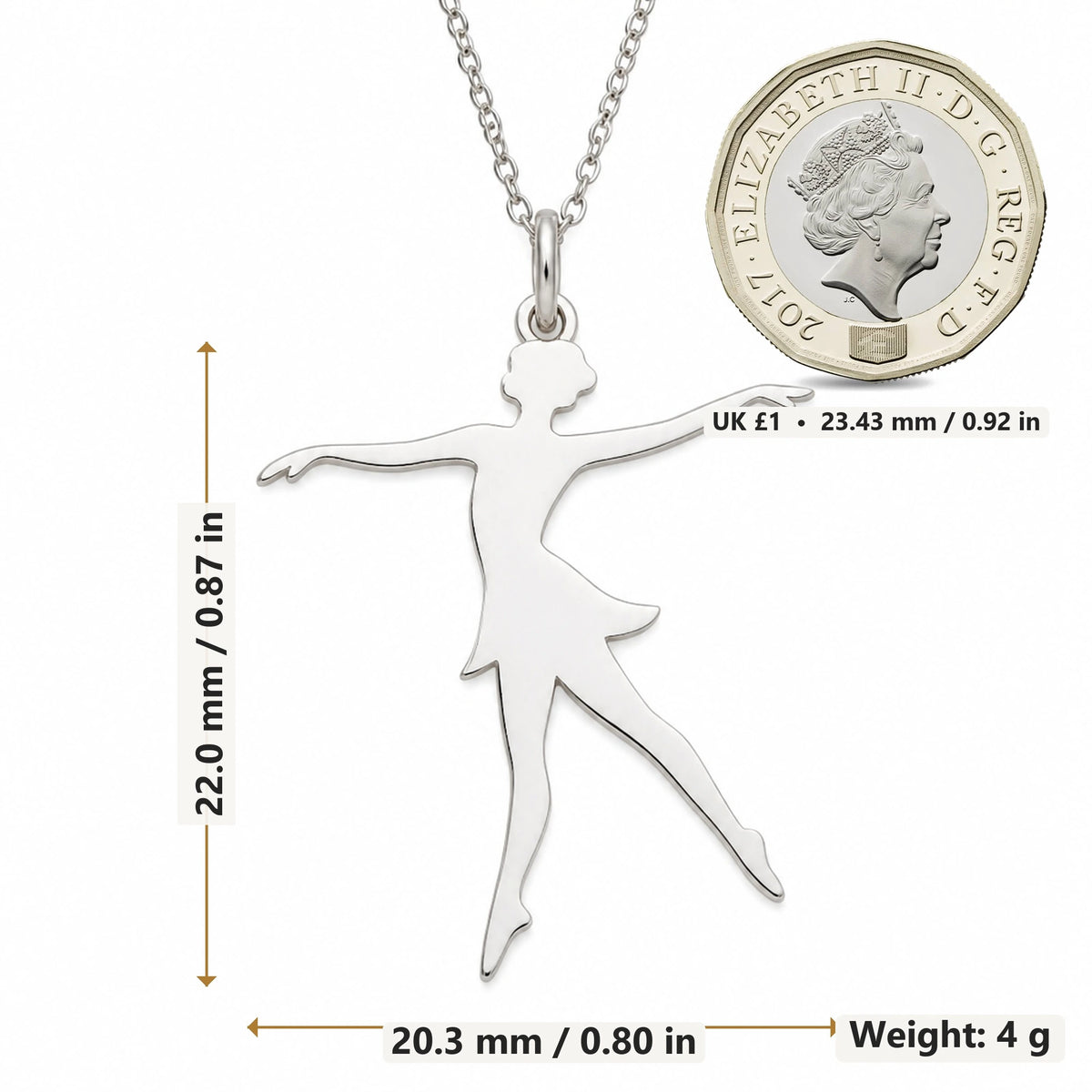 Ballet Dancer Lunge pendant necklace size image showing 22.0 mm height, 20.3 mm width and 4 g weight
