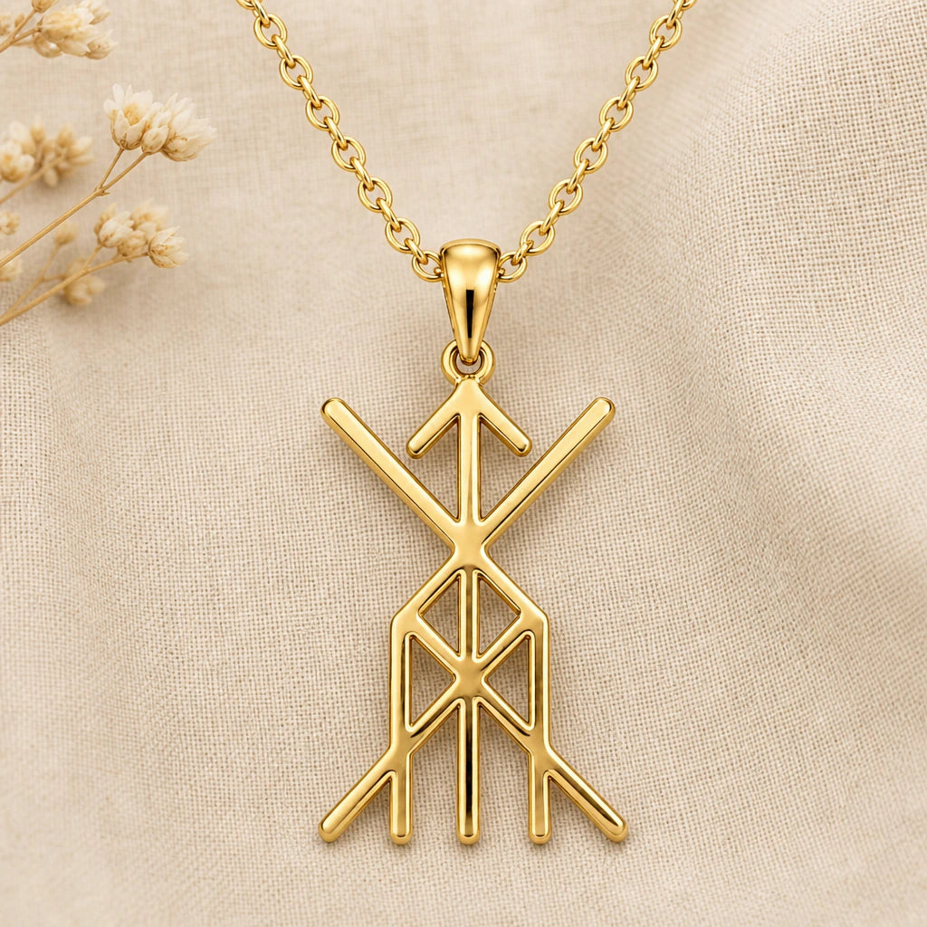 Viking Health and Vitality Bind Rune Pendant Necklace in 18k gold plated sterling silver