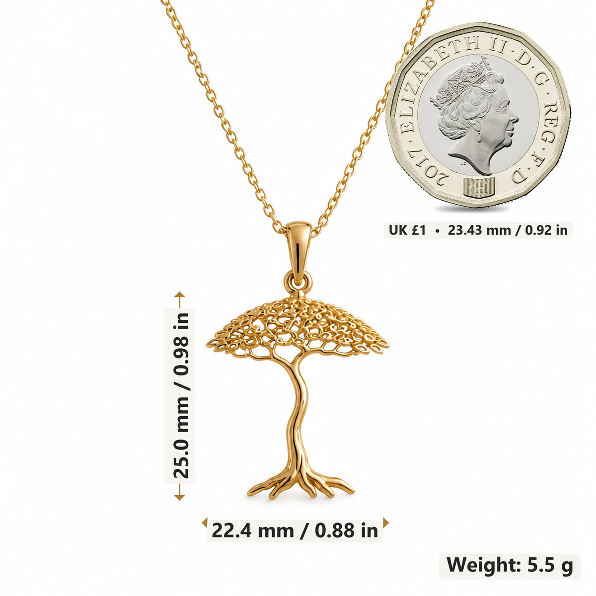 Aspen Whisper Bonsai pendant necklace size image showing 25.0 mm height, 22.4 mm width and 5.5 g weight