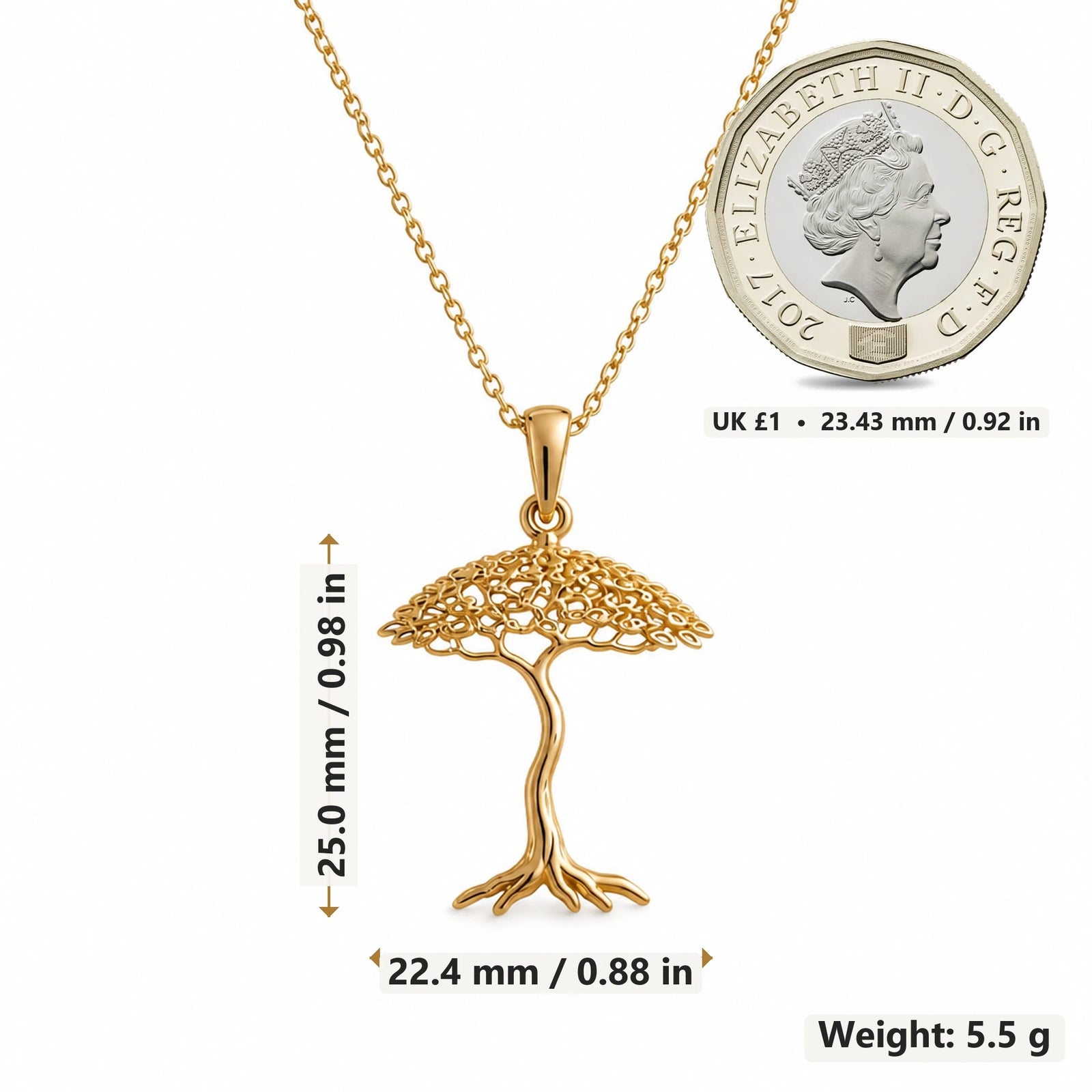 Aspen Whisper Bonsai pendant necklace size image showing 25.0 mm height, 22.4 mm width and 5.5 g weight
