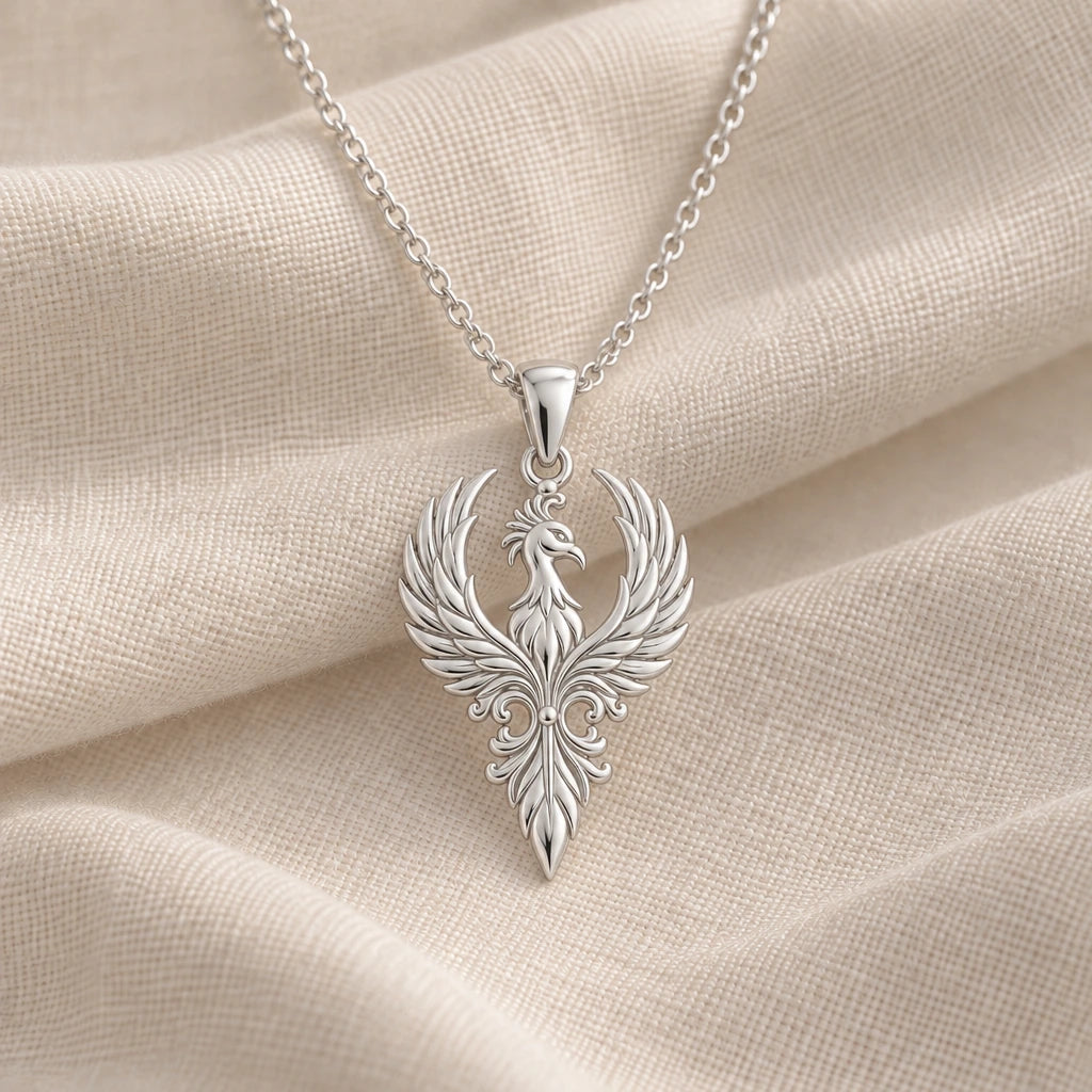 925 sterling silver phoenix crest pendant necklace on cream fabric