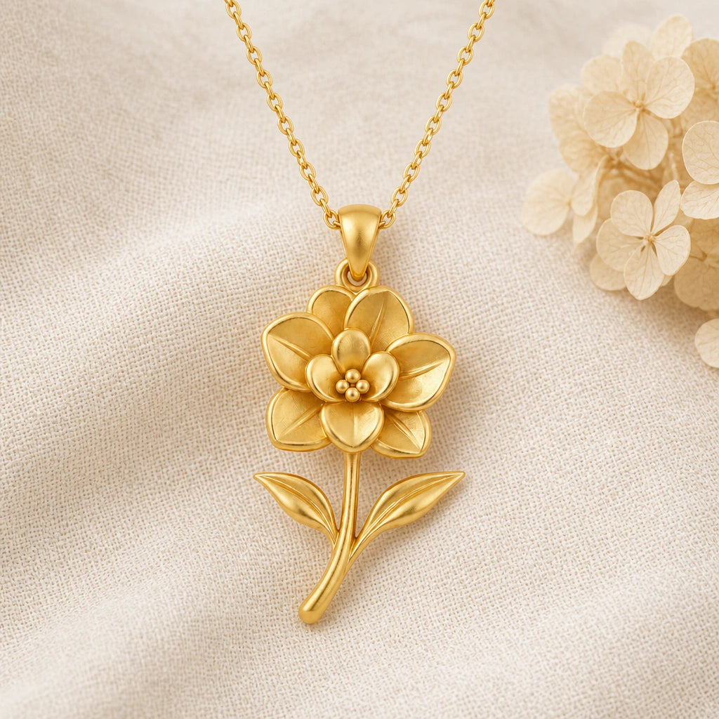 Gardenia Flower pendant necklace in a warm gold finish on cream fabric