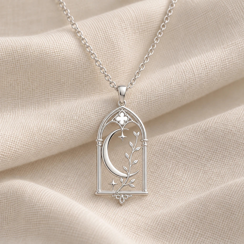 925 sterling silver cathedral moon window pendant necklace on cream fabric
