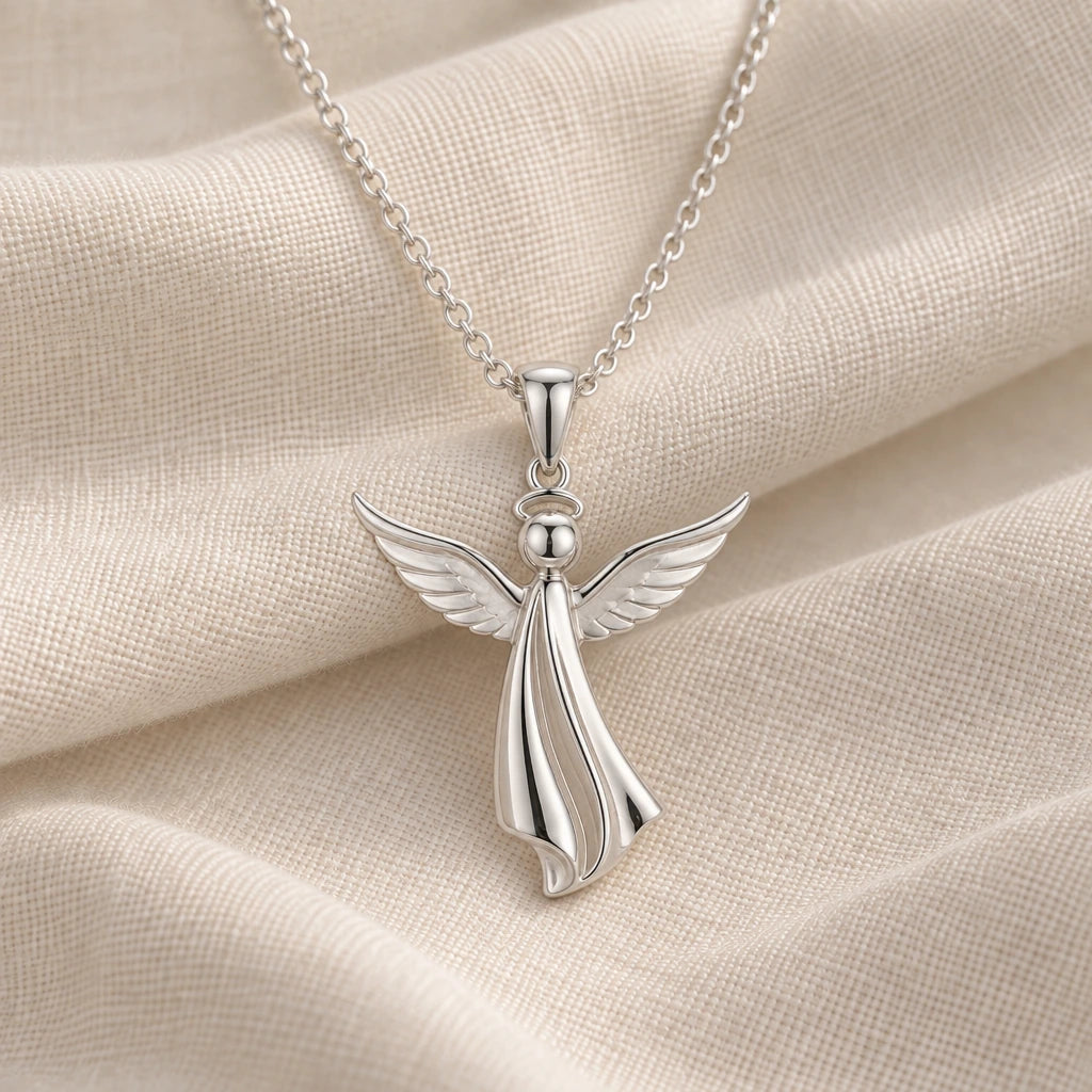 925 sterling silver sculpted angel pendant necklace on cream fabric