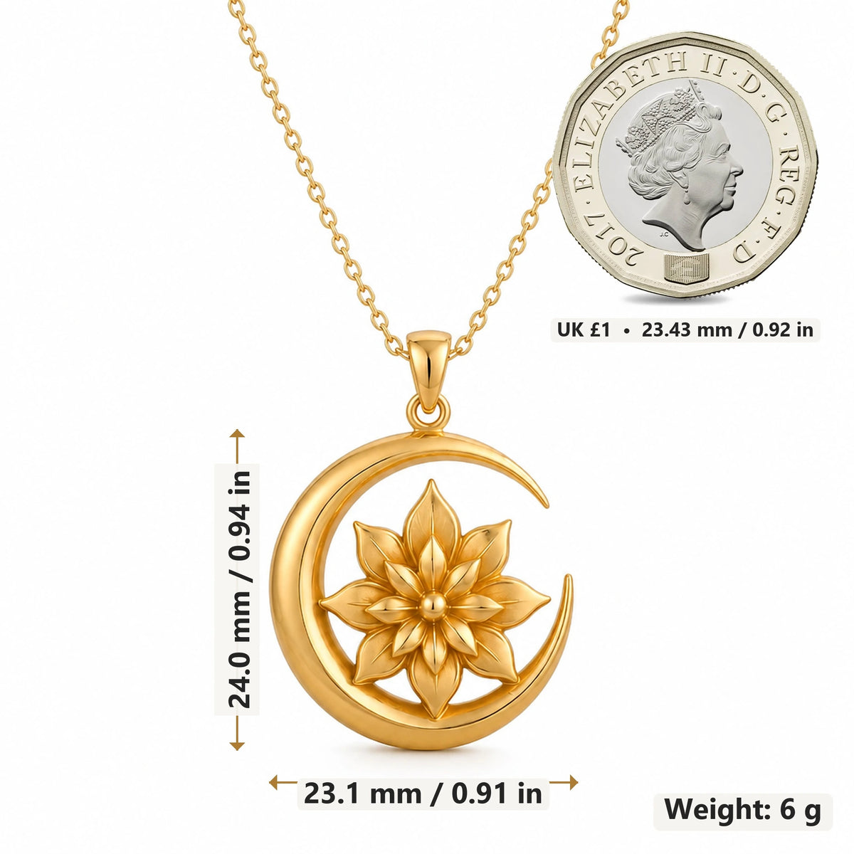 Eclipse Bloom Moon pendant necklace size image showing 24.0 mm height, 23.1 mm width and 6 g weight