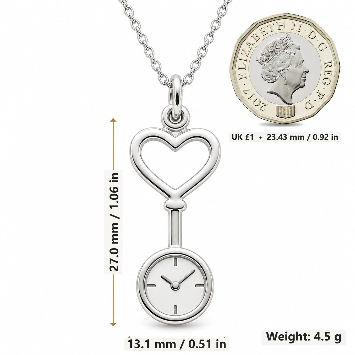 Nurse Fob Watch pendant necklace size image showing 27.0 mm height, 13.1 mm width and 4.5 g weight