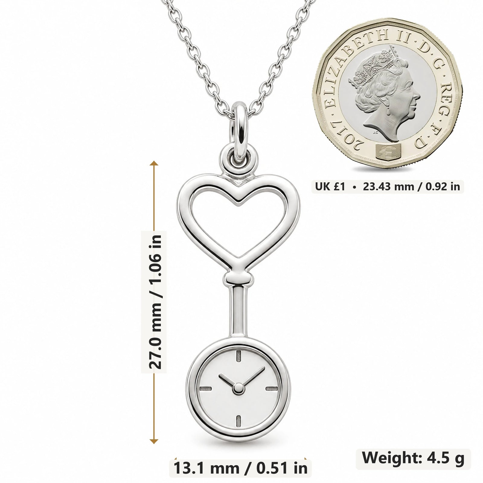 Nurse Fob Watch pendant necklace size image showing 27.0 mm height, 13.1 mm width and 4.5 g weight