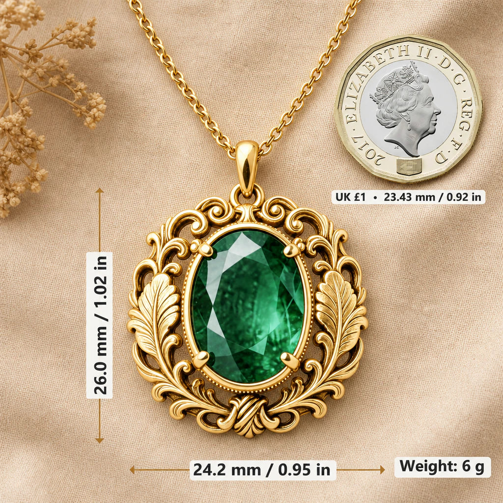 Scroll Wreath Vintage Style Birthstone Pendant Necklace size guide, 26 by 24.2 mm