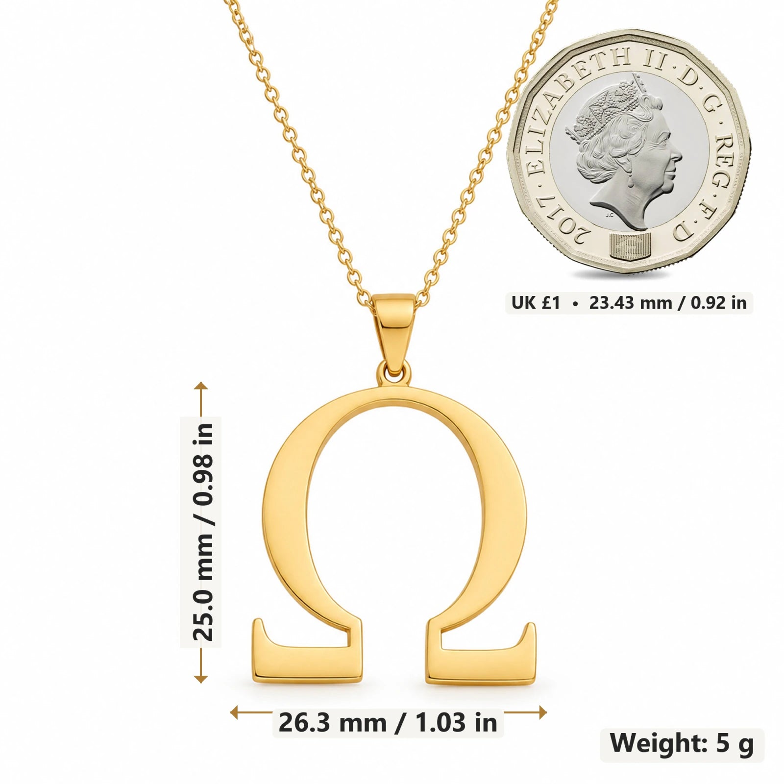 Omega Symbol pendant necklace size image showing 25 mm height and 26.3 mm width and 5 g weight