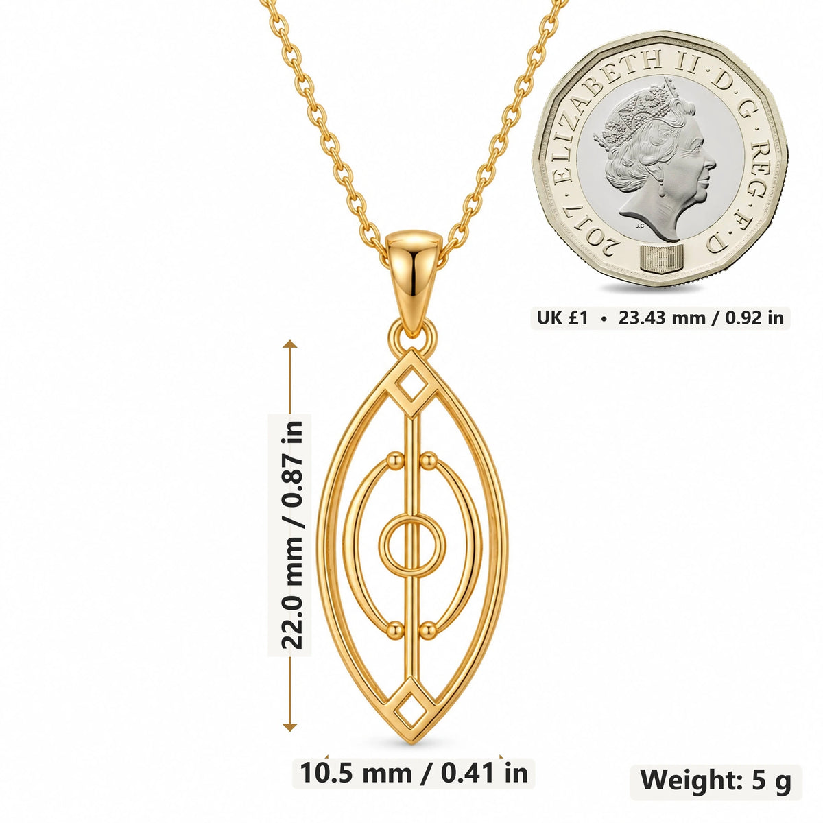 Spirit Gate pendant necklace size image showing 22.0 mm height, 10.5 mm width and 5 g weight