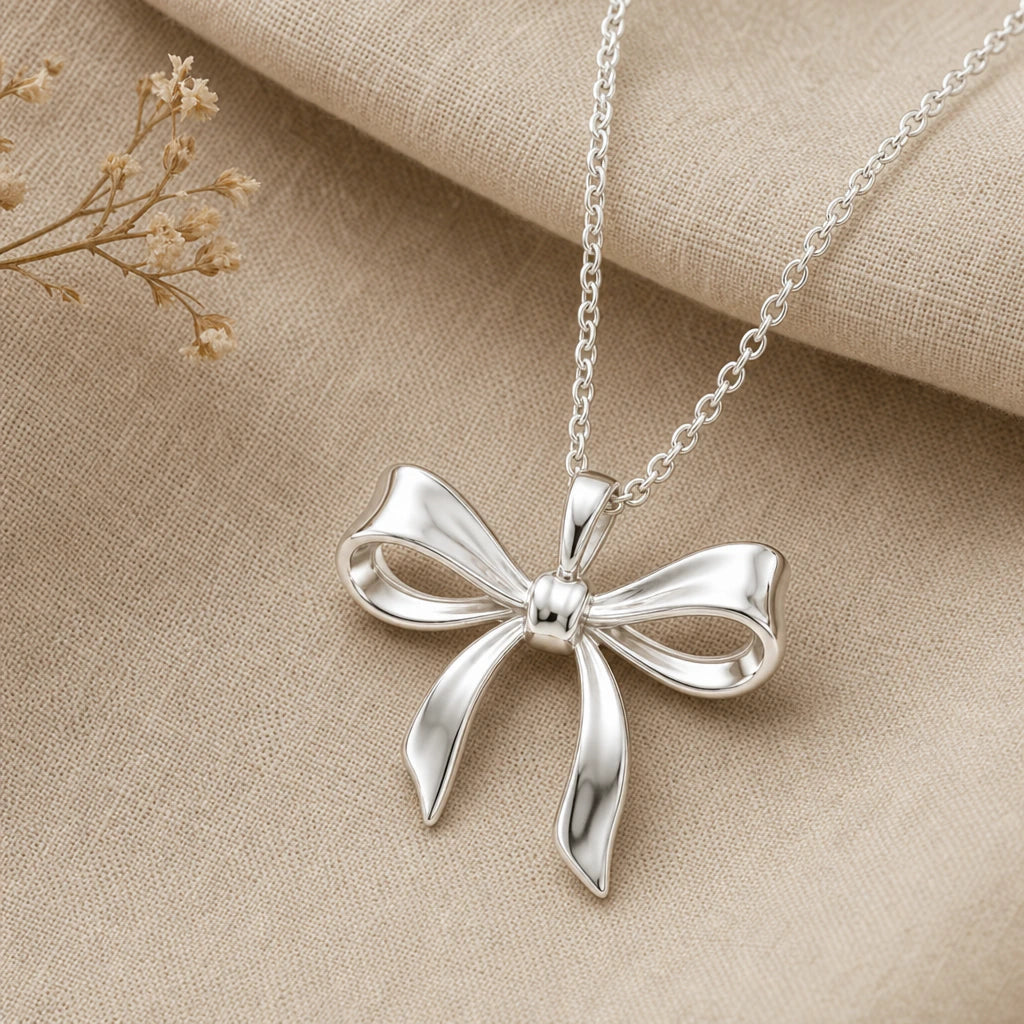 Elegant Ribbon Bow Pendant Necklace in sterling silver, second view