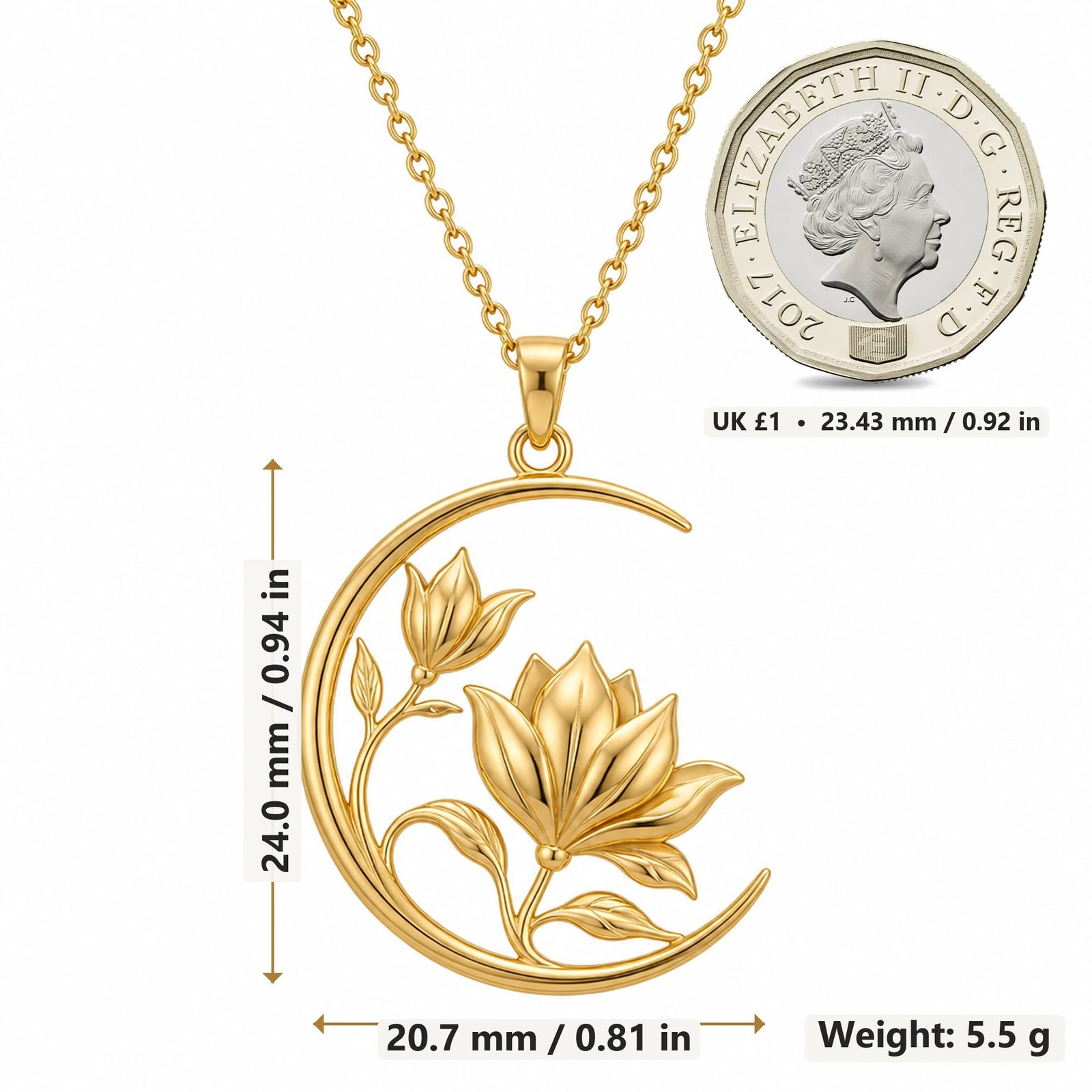 Lunar Magnolia pendant necklace size image showing 24.0 mm height, 20.7 mm width and 5.5 g weight
