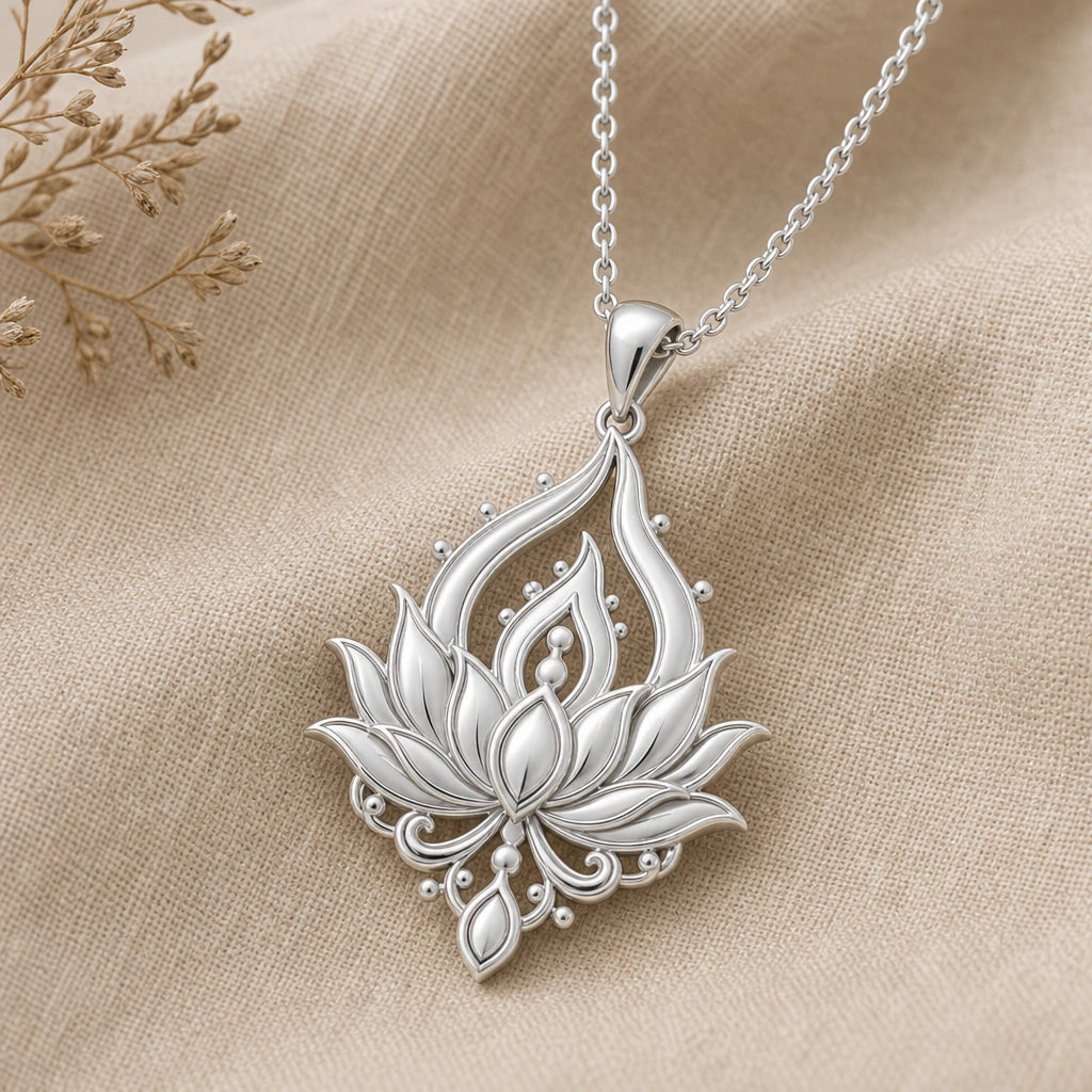 Close-up of silver lotus pendant with layered petals in a flame shaped frame