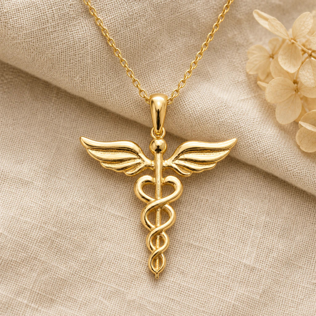 Winged Caduceus pendant necklace in a warm gold finish on cream fabric