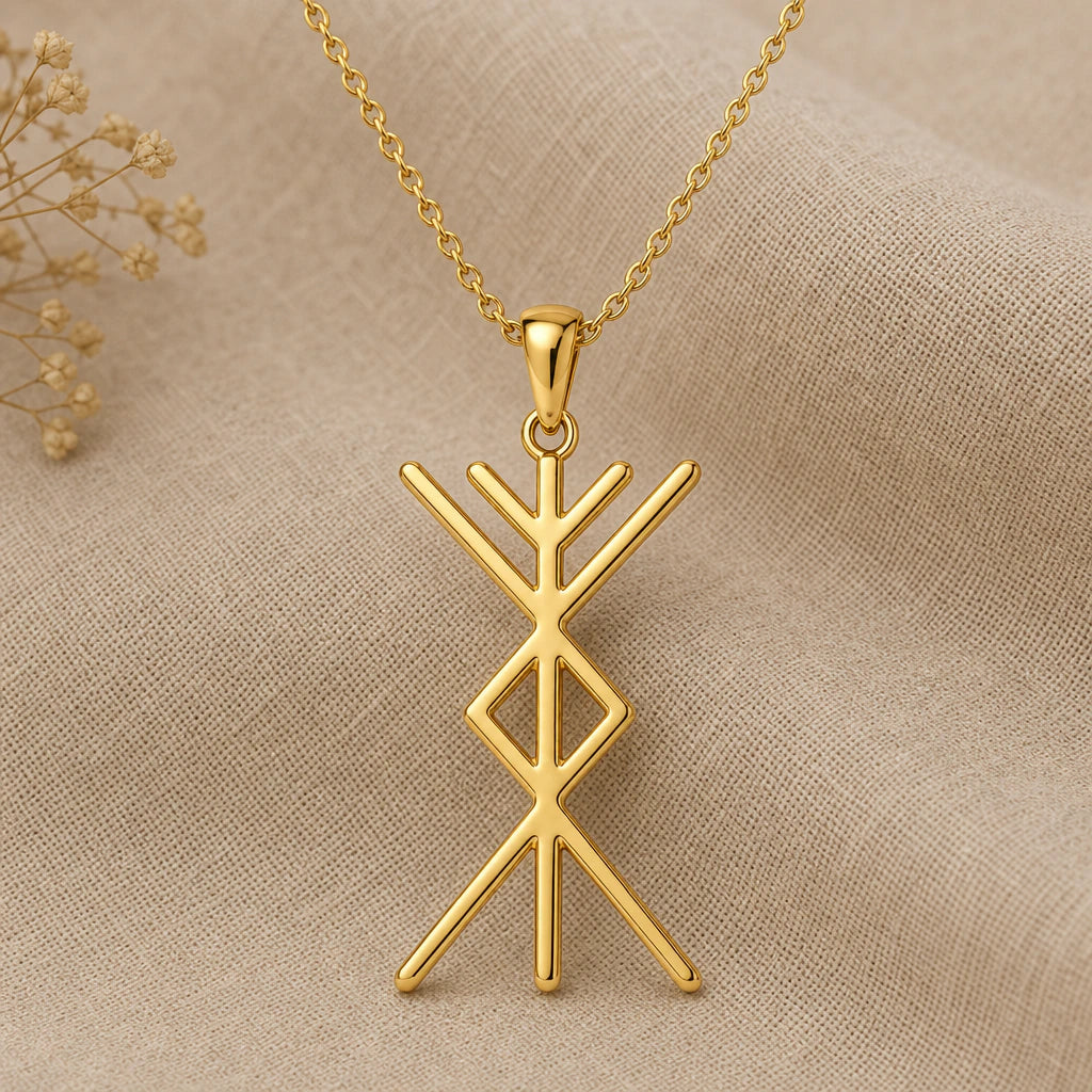 Viking Prosperity Bind Rune Pendant Necklace in 18k gold plated sterling silver