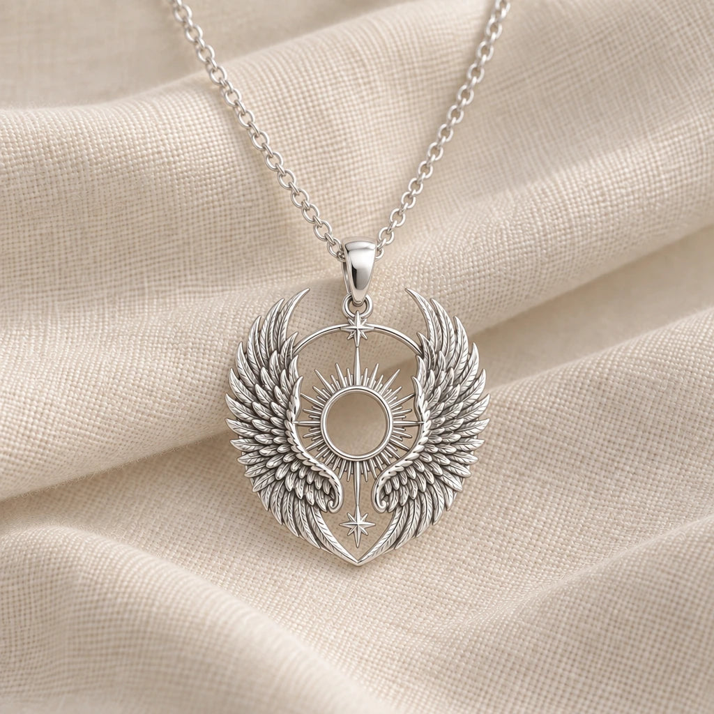 925 sterling silver seraph wing halo pendant necklace on cream fabric