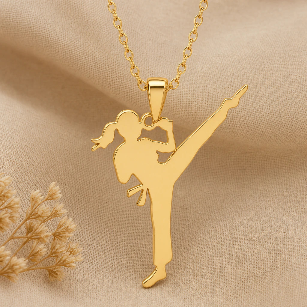 Karate Girl Kick Pendant Necklace in 18k gold plated sterling silver