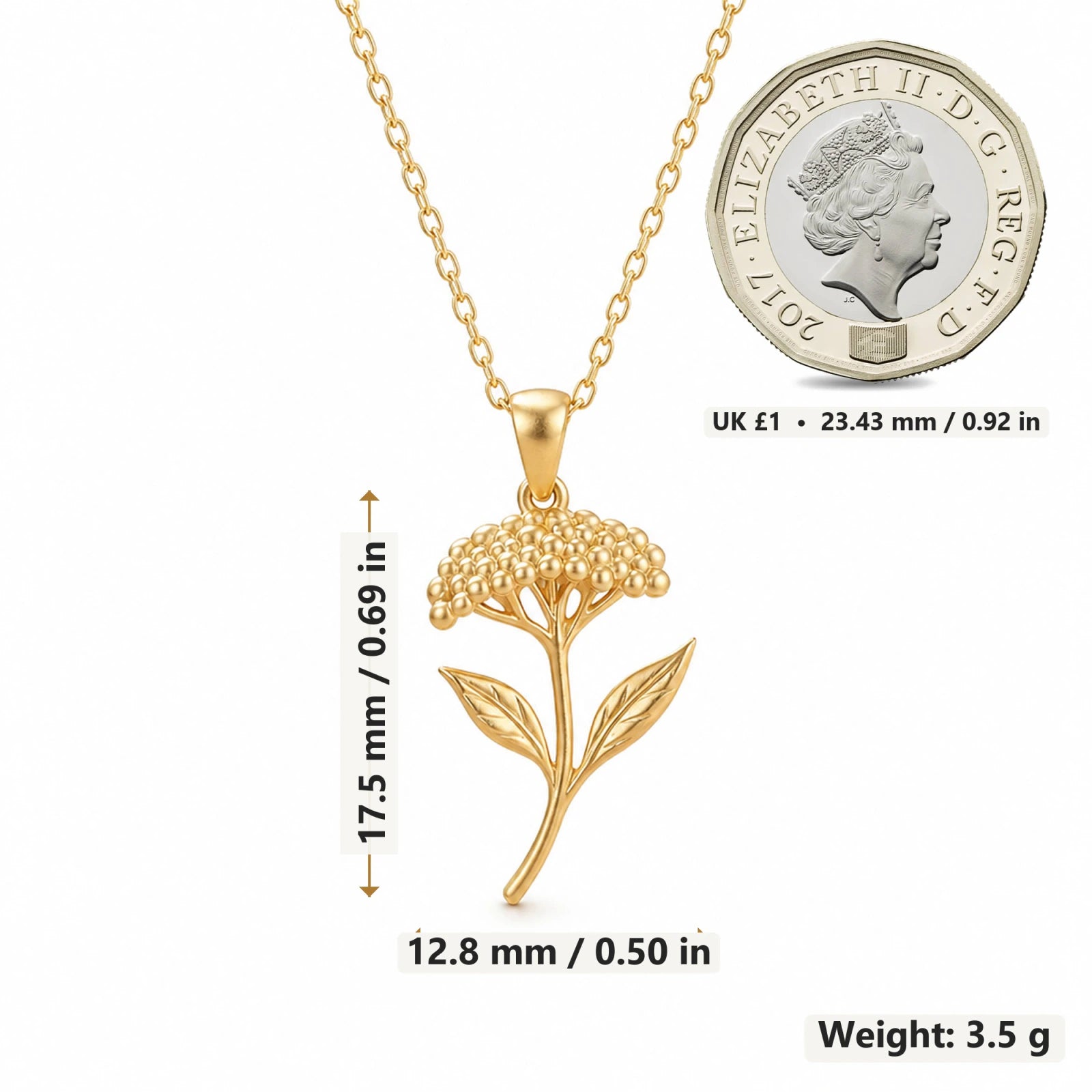 Yarrow Flower pendant necklace size image showing 17.5 mm height and 12.8 mm width and 3.5 g weight
