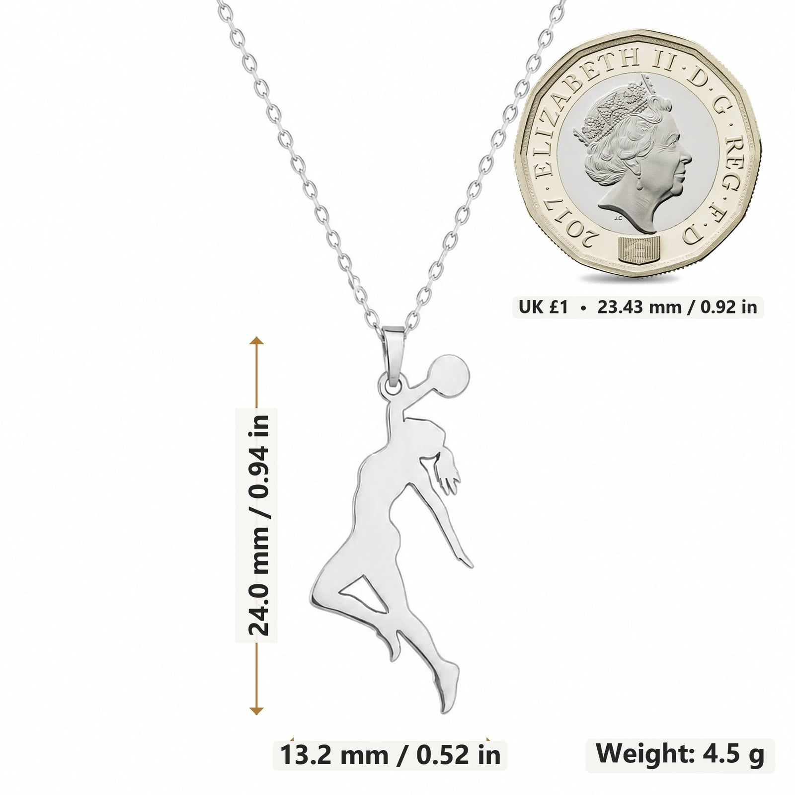 Basketball Jump Shot pendant necklace size image showing 24.0 mm height, 13.2 mm width and 4.5 g weight