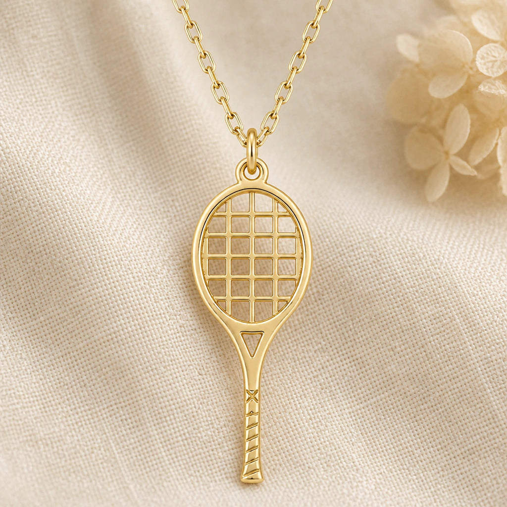 Tennis Racket pendant necklace in a warm gold finish on cream fabric