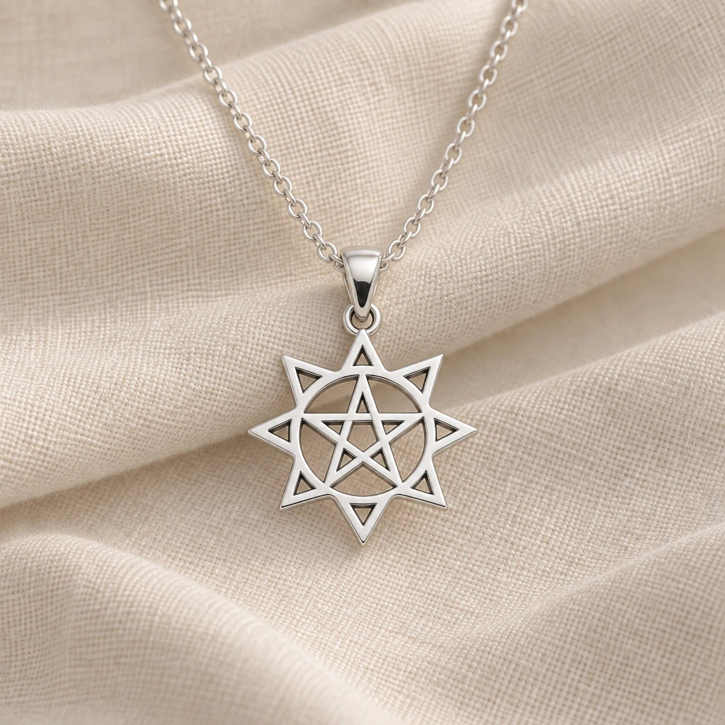925 sterling silver pentagram sun star pendant necklace on cream fabric