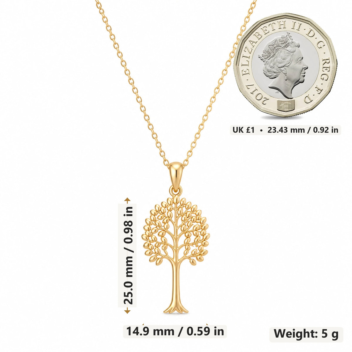Aspen Glow Tree pendant necklace size image showing 25.0 mm height, 14.9 mm width and 5 g weight