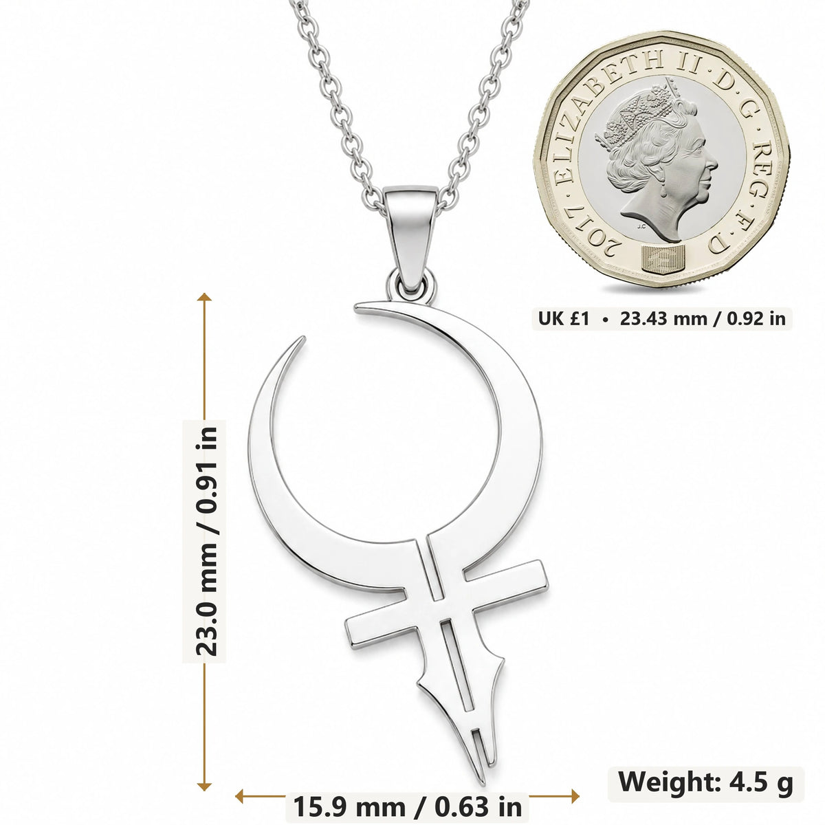 Feminine Energy Crescent Symbol pendant necklace size image showing 23.0 mm height, 15.9 mm width and 4.5 g weight