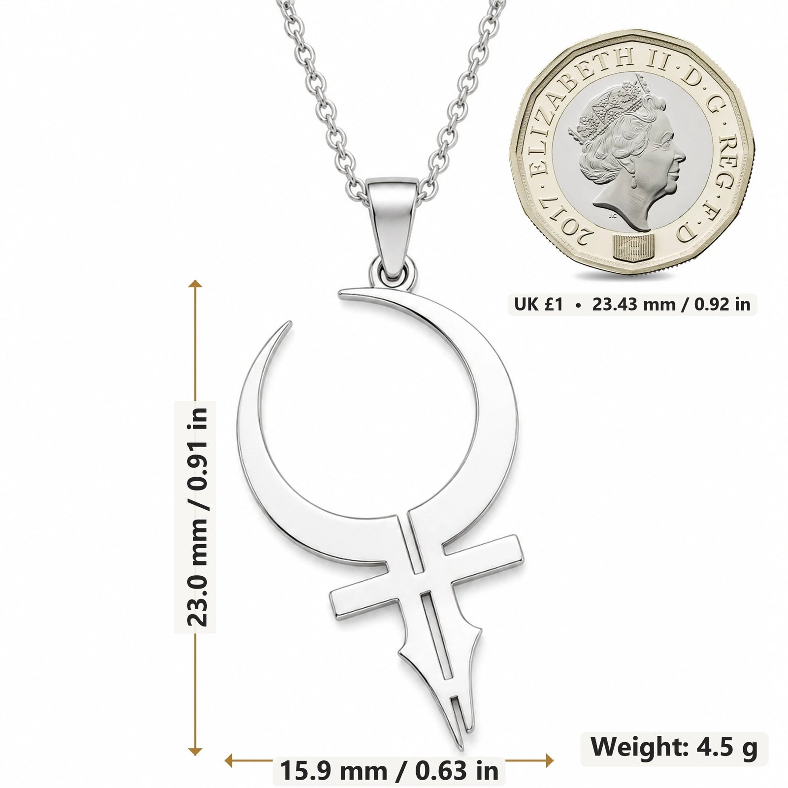 Feminine Energy Crescent Symbol pendant necklace size image showing 23.0 mm height, 15.9 mm width and 4.5 g weight