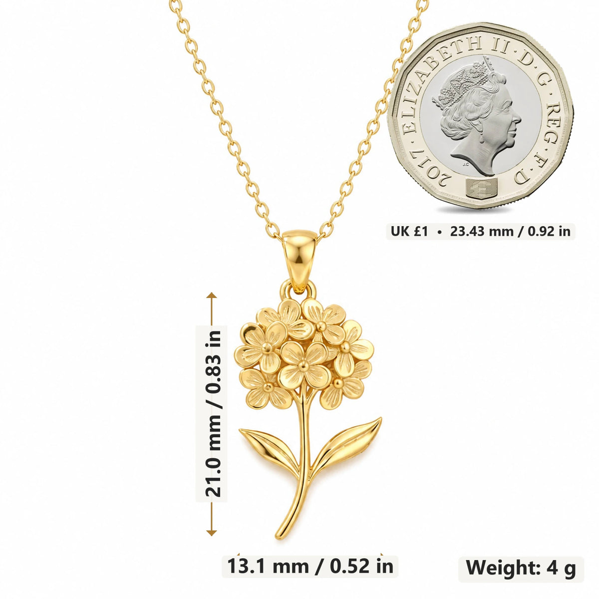 Hydrangea Flower pendant necklace size image showing 21 mm height and 13.1 mm width and 4 g weight