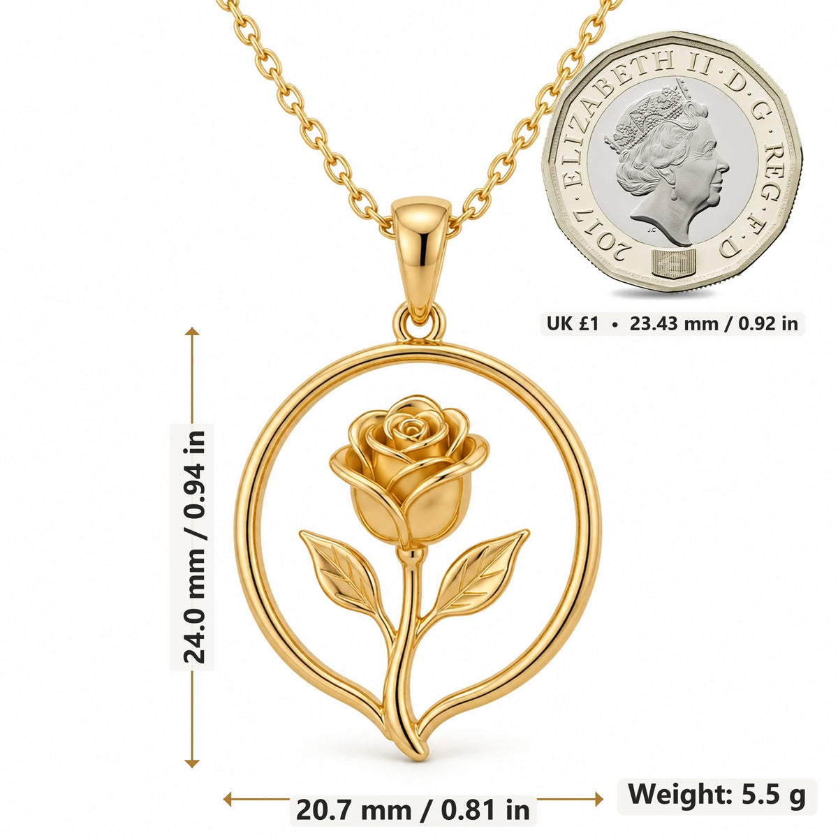 Rose Bud Halo pendant necklace size image showing 24.0 mm height, 20.7 mm width and 5.5 g weight