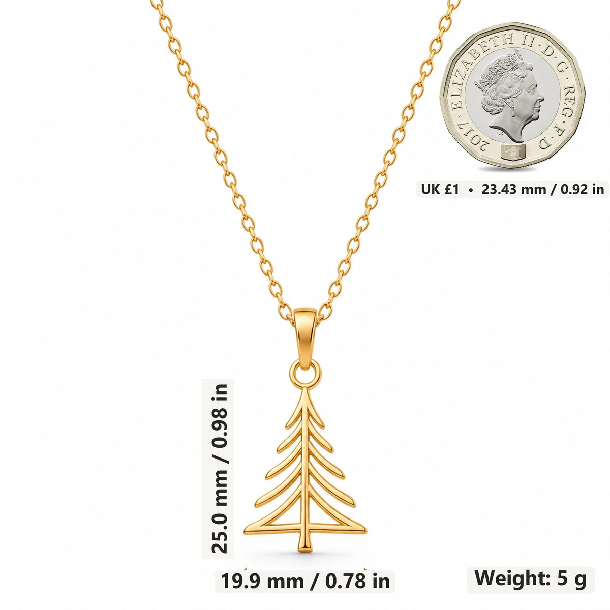 Pine Crest Outline Tree pendant necklace size image showing 25.0 mm height, 19.9 mm width and 5 g weight
