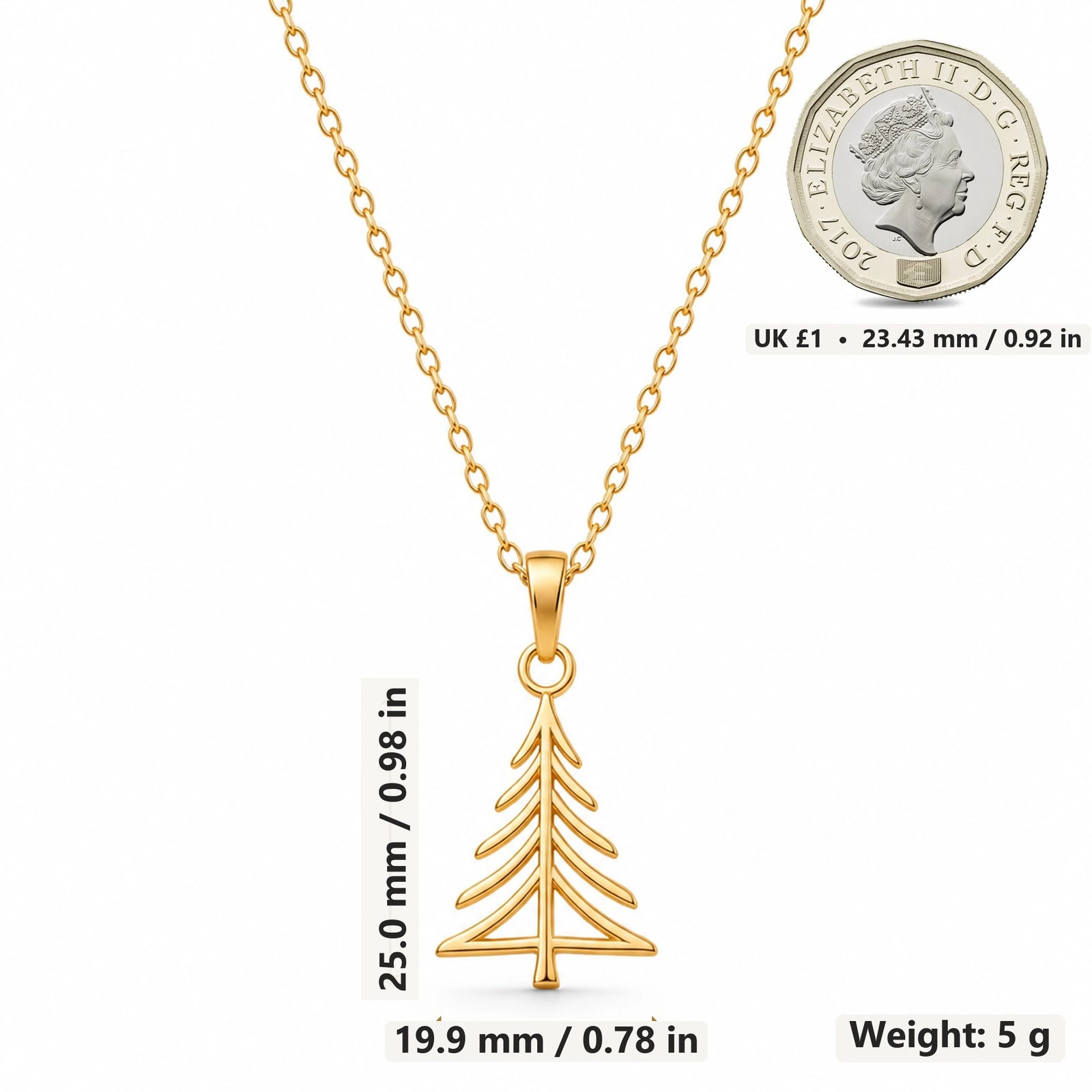 Pine Crest Outline Tree pendant necklace size image showing 25.0 mm height, 19.9 mm width and 5 g weight