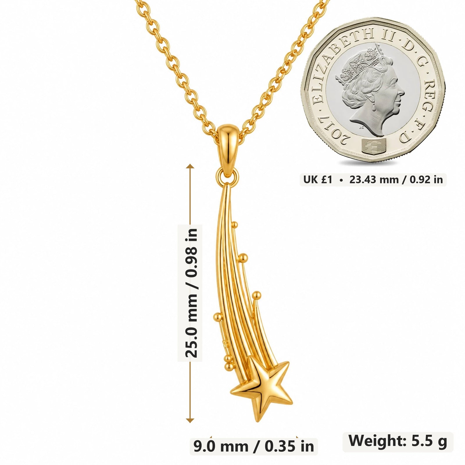 Falling Star Trail pendant necklace size image showing 25.0 mm height, 9.0 mm width and 5.5 g weight