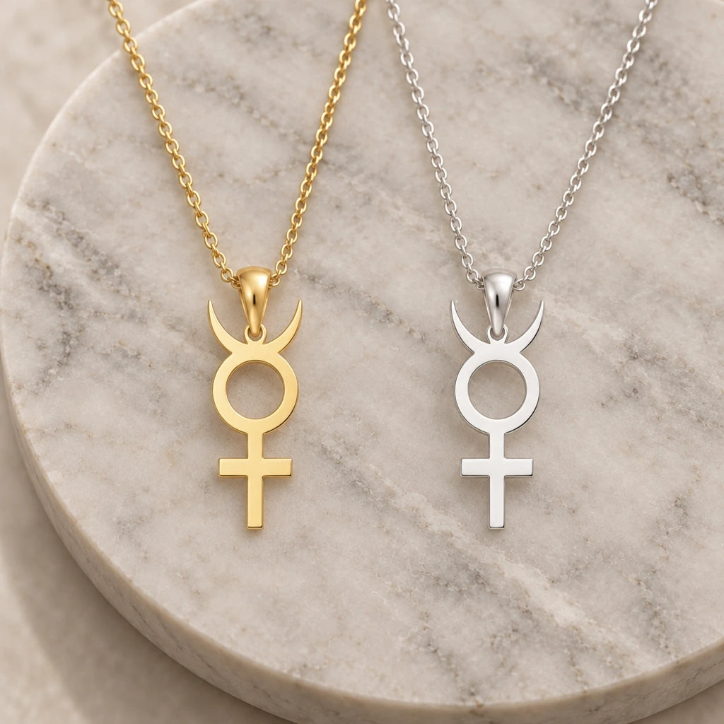 Antimony Slim Symbol pendant necklace in silver and gold finishes side by side