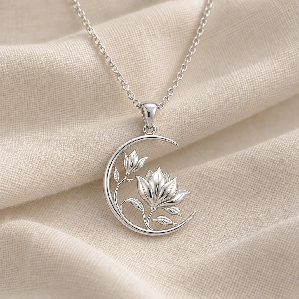 925 sterling silver lunar magnolia pendant necklace on cream fabric