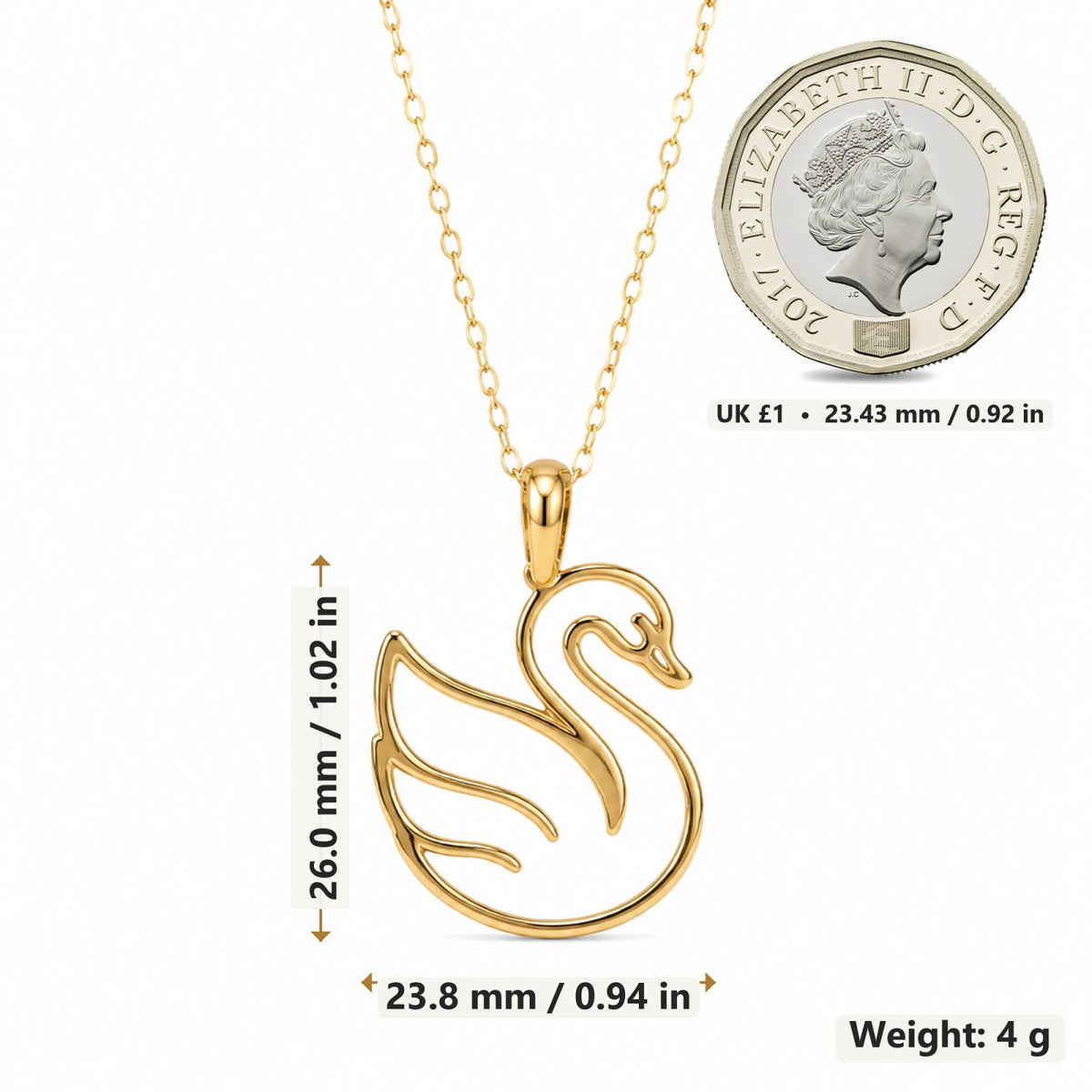 Swan Outline pendant necklace size image showing 26 mm height and 23.8 mm width and 4 g weight