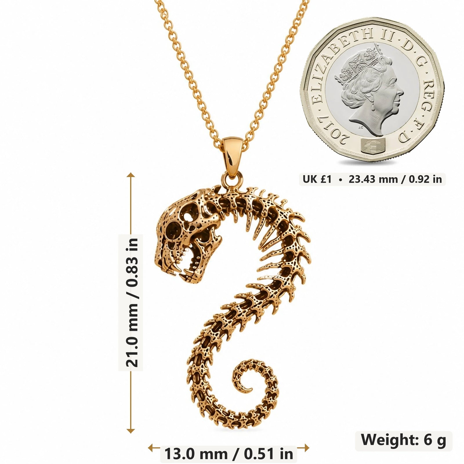Sacred Panther Relic pendant necklace size image showing 21.0 mm height, 13.0 mm width and 6 g weight