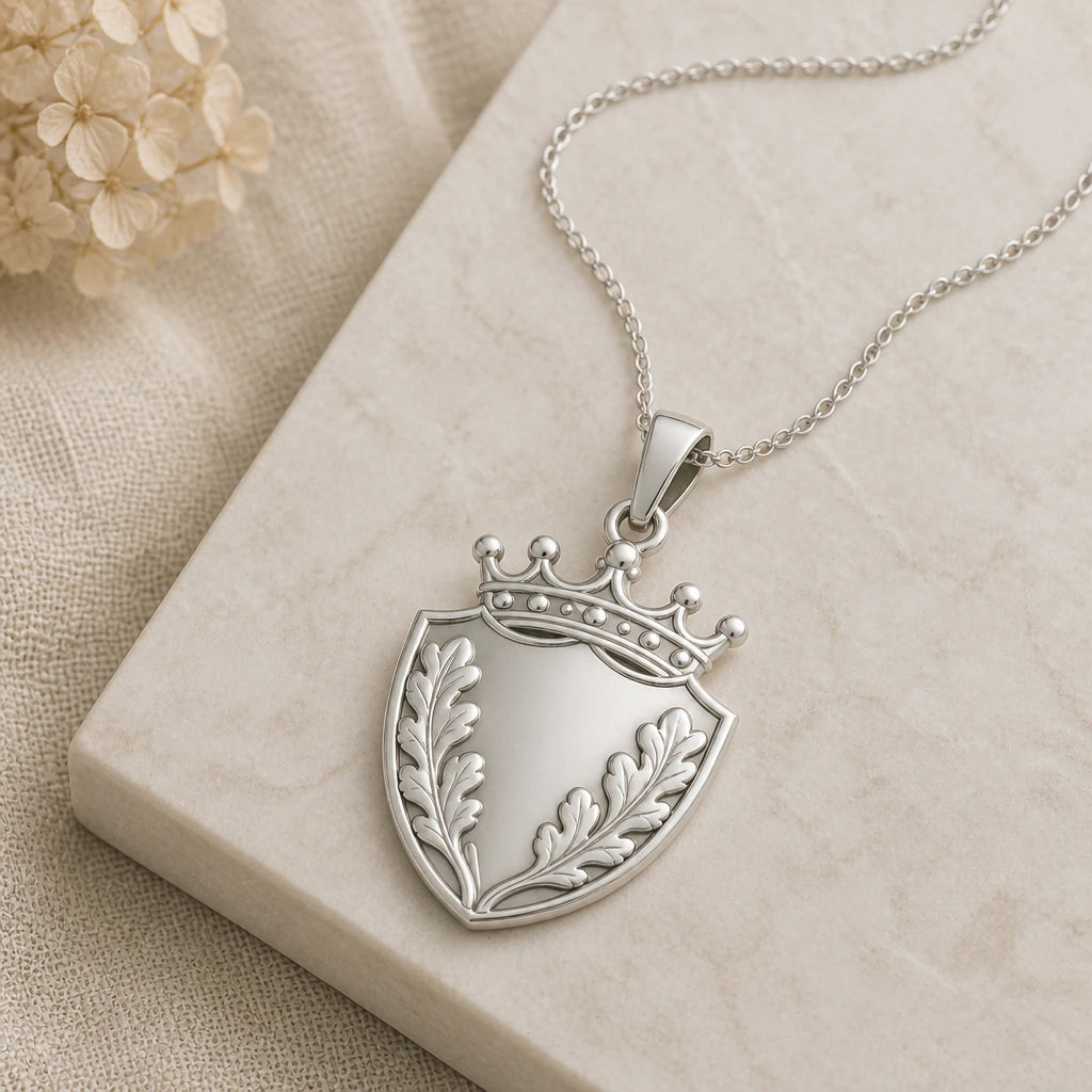 Close-up of silver oak leaf shield crown pendant showing the sculpted detail