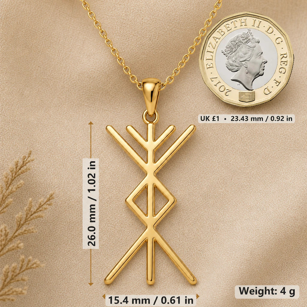 Viking Prosperity Bind Rune Pendant Necklace size guide, 26 by 15.4 mm