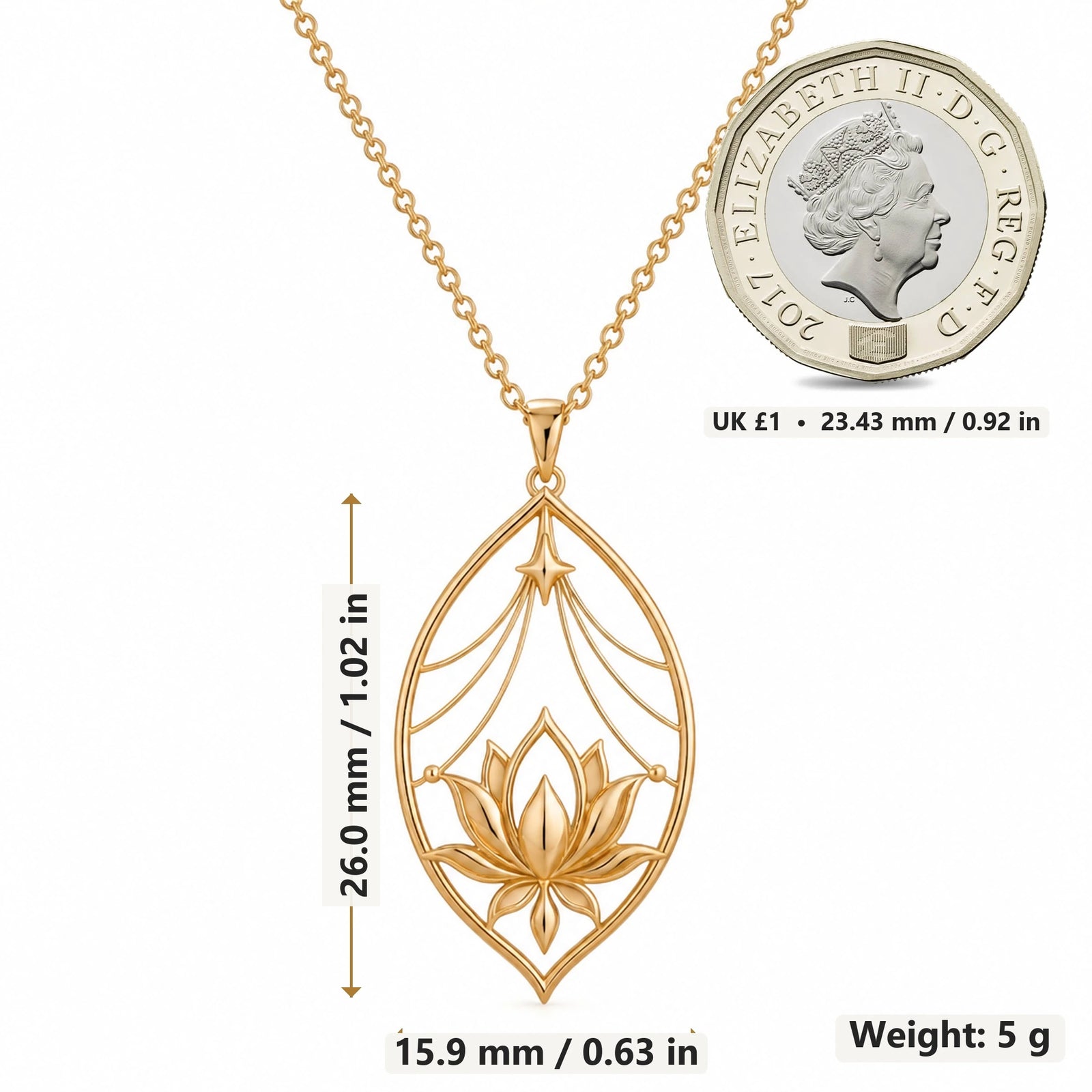 Lotus Veil pendant necklace size image showing 26.0 mm height, 15.9 mm width and 5 g weight