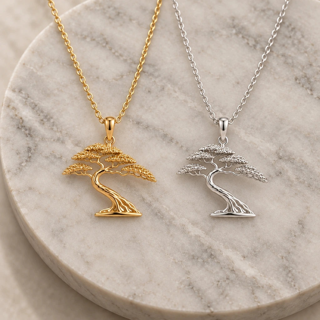 Acacia Wind Bonsai pendant necklace in silver and gold finishes side by side